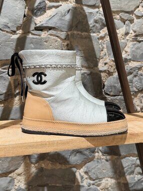 Chanel Metallic Silver Leather Chain Trim CC Espadrilles Boots
